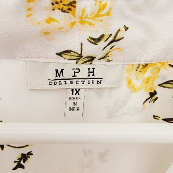 MPH Collection Womens White Floral Blouse Short Sleeve Drawstring Waist 1X BOHO - Picture 3 of 9